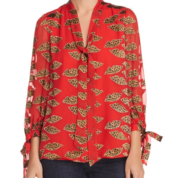 NWOT Alice + Olivia Sheila Lips Burnout Tie-Neck Top Cheetah Print Size M - Picture 1 of 13